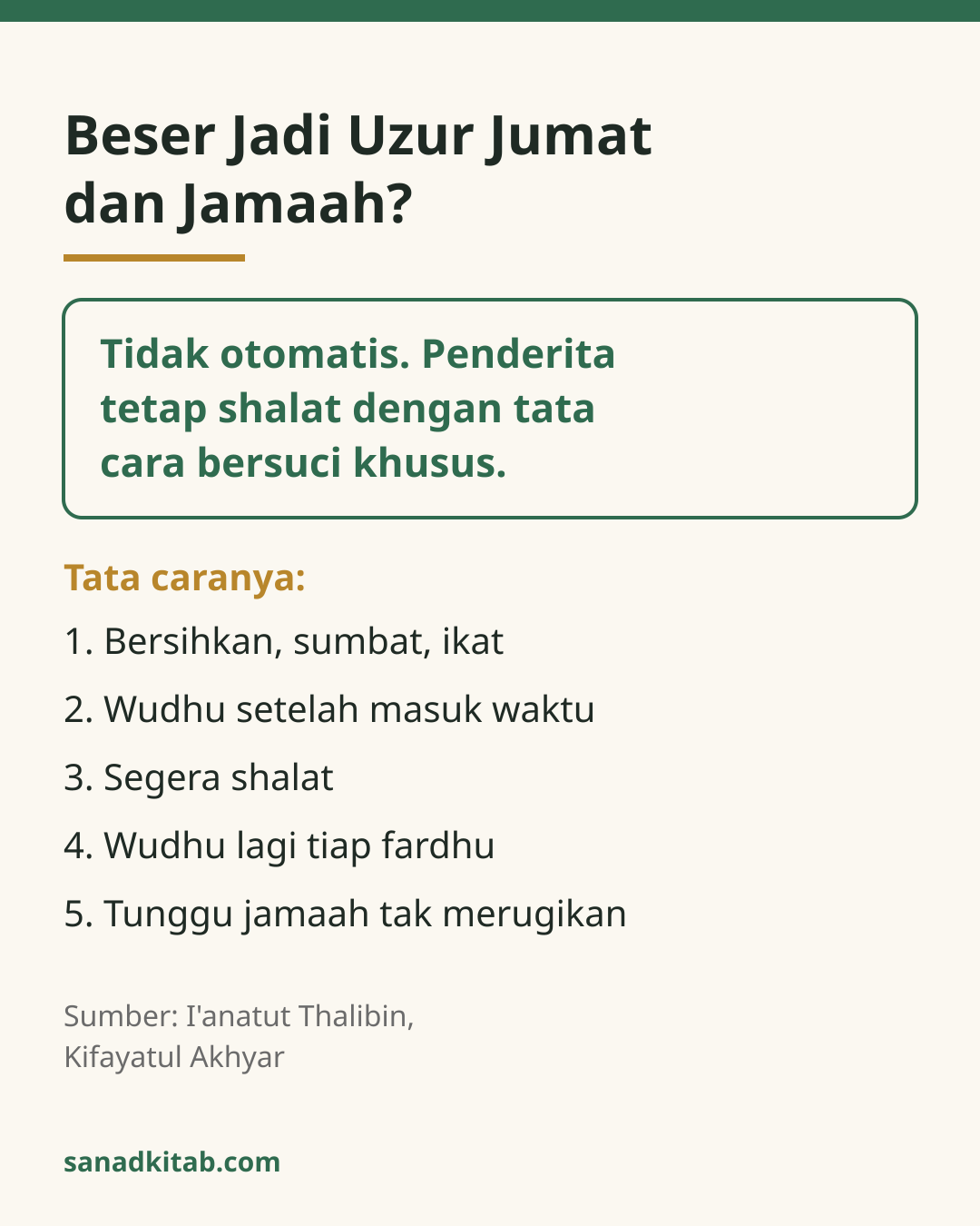 Infografis hijau-emas berjudul Beser Jadi Uzur Jumat dan Jamaah, berisi jawaban inti dan lima langkah bersuci penderita beser.