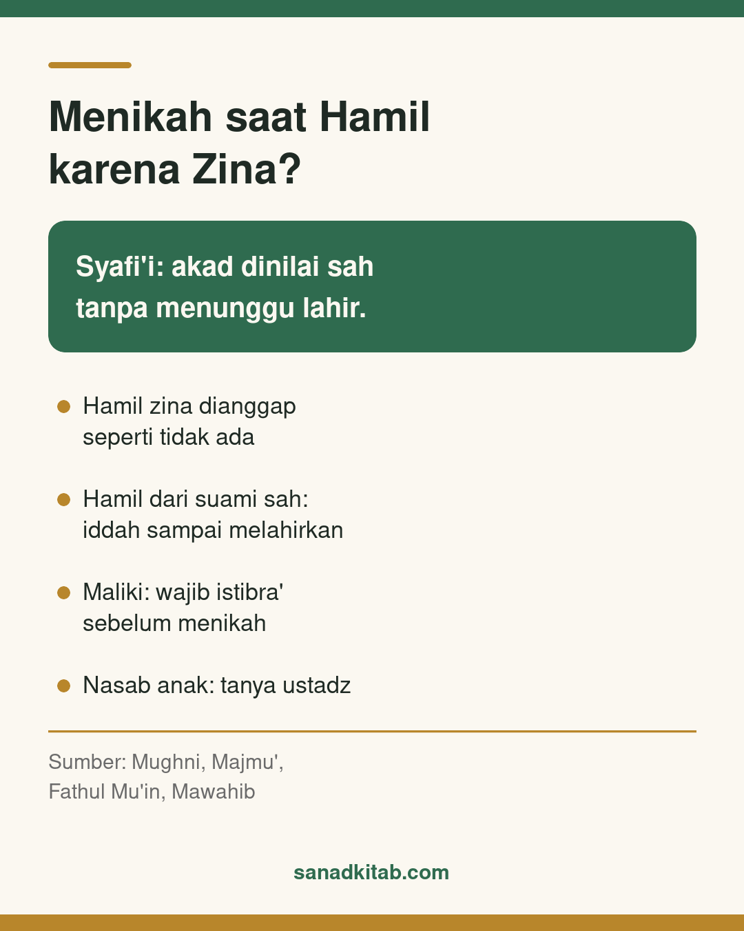Infografis hukum menikah saat hamil karena zina: menurut mazhab Syafi'i akad dinilai sah, berbeda dengan hamil dari suami sah dan pendapat mazhab Maliki.