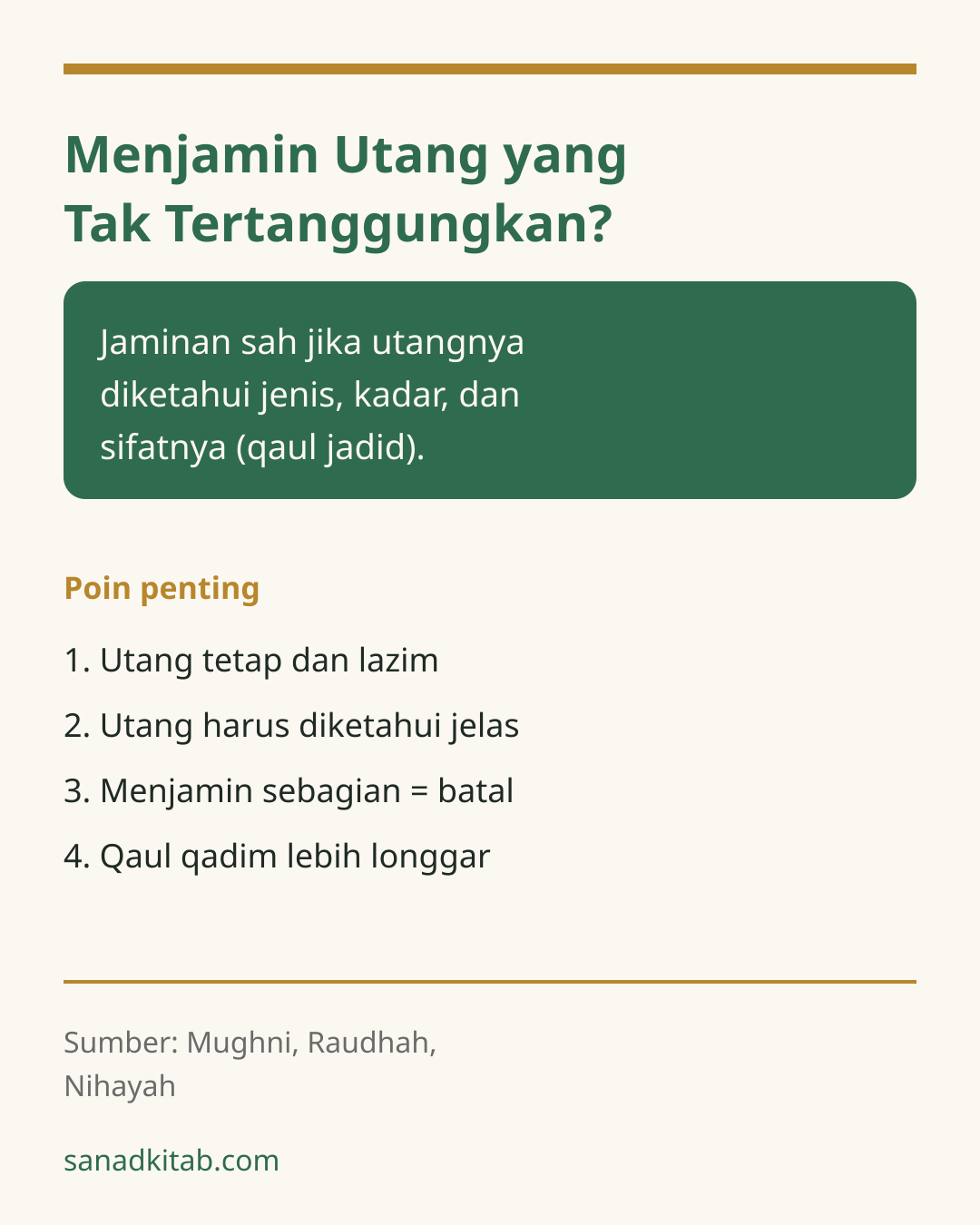 Infografis hijau dan emas tentang syarat sah penjaminan utang menurut mazhab Syafi'i.