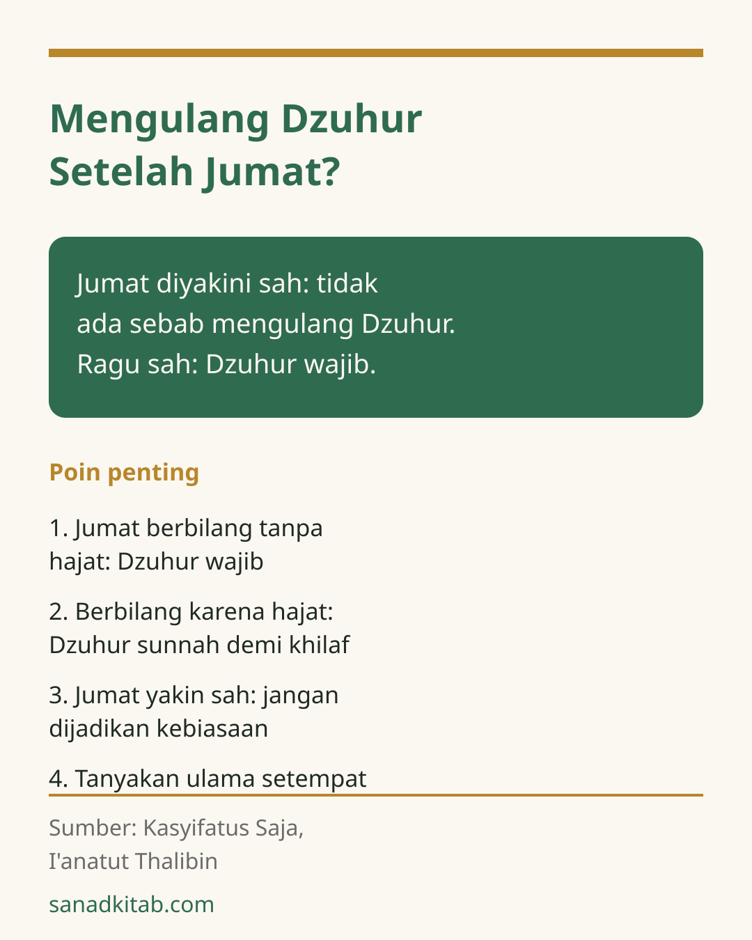 Infografis hijau dan emas tentang kapan Dzuhur wajib, sunnah, atau tidak diulang setelah shalat Jumat menurut mazhab Syafi'i.
