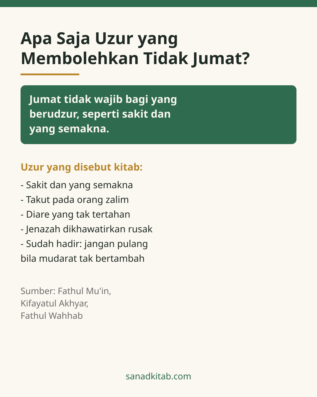Infografis hijau-emas berjudul uzur tidak shalat Jumat, berisi daftar uzur yang disebut kitab: sakit, takut, diare tak tertahan, jenazah, dan larangan pulang bagi yang sudah hadir.