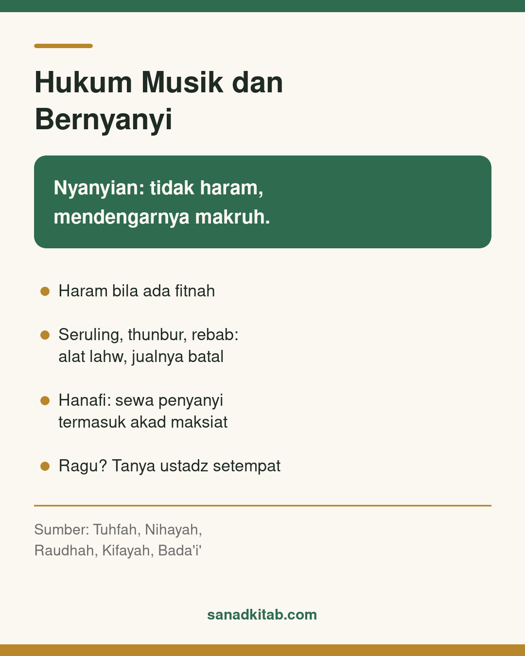Infografis hukum musik dan bernyanyi menurut mazhab Syafi'i: nyanyian tidak haram tetapi makruh didengar, haram bila ada fitnah, alat lahw dilarang, dan pandangan Hanafi.