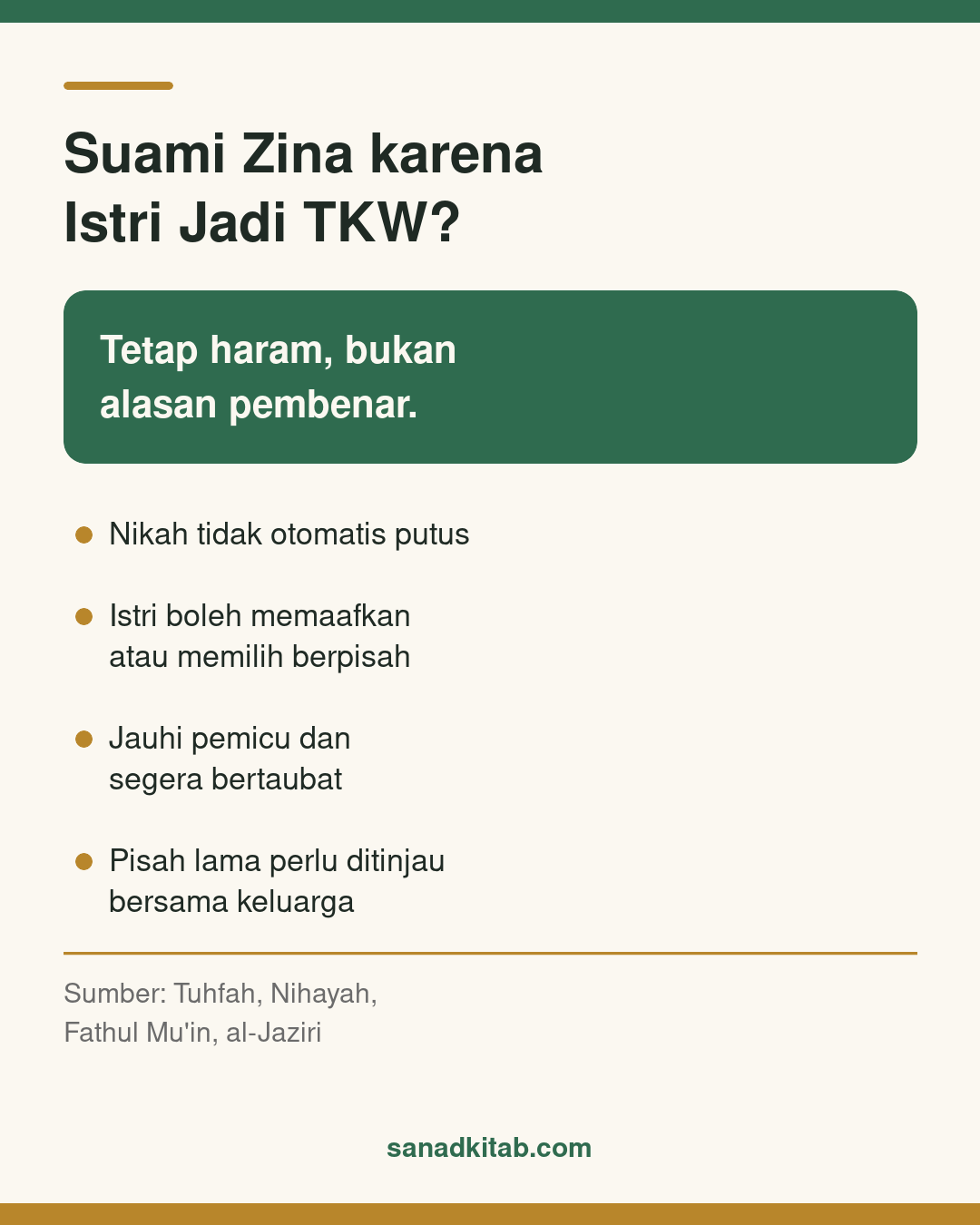 Infografis tentang suami yang berzina karena ditinggal istri menjadi TKW: zina tetap haram, nikah tidak otomatis putus, dan langkah yang perlu ditempuh.