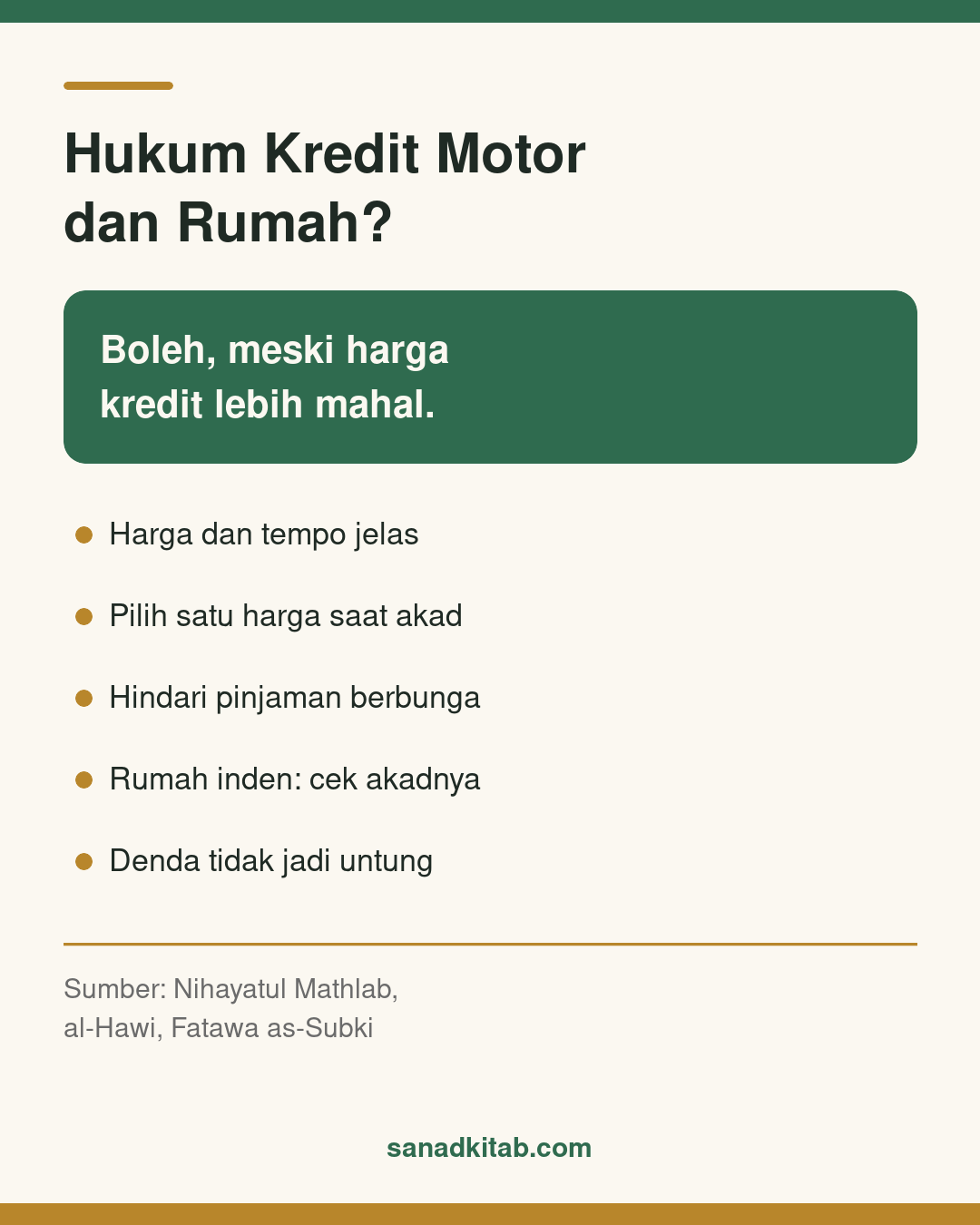 Infografis hukum kredit motor dan rumah: boleh meskipun harga kredit lebih mahal, dengan lima syarat dan catatan penting serta sumber kitab.