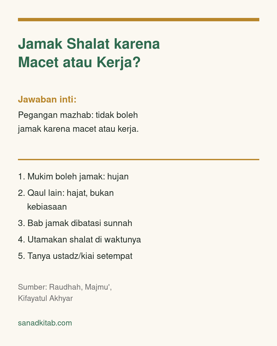Infografis jawaban inti dan lima poin tentang jamak shalat karena macet atau pekerjaan menurut kitab Syafi'i.